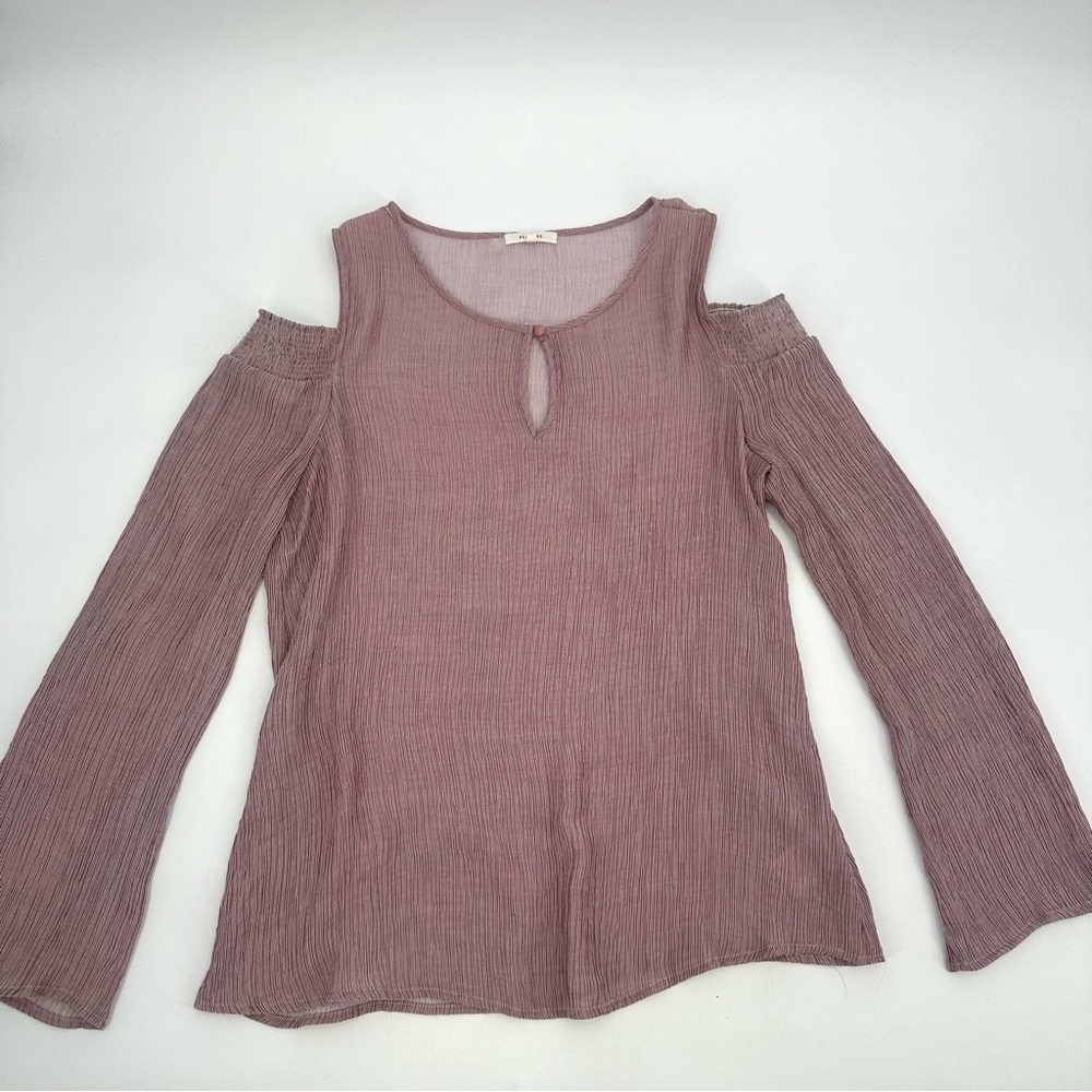PLEIONE Top Womens M Mauve Pink Stripe Cold Shoulder Keyhole Blouse Long Slv